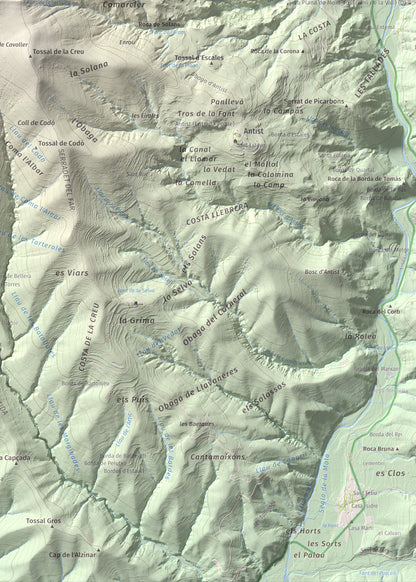 Mapa de relieve de Santa Bàrbara (Vall Fosca), 1613 m, Pallars Jussà, lámina 100 Cims de Trobart. Detalle de la zona inferior derecha. 50 × 70 cm.