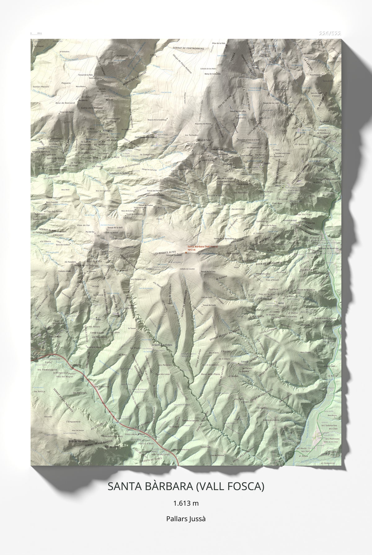 Mapa de relieve de Santa Bàrbara (Vall Fosca), 1613 m, Pallars Jussà, lámina 100 Cims de Trobart 61 × 91 cm.