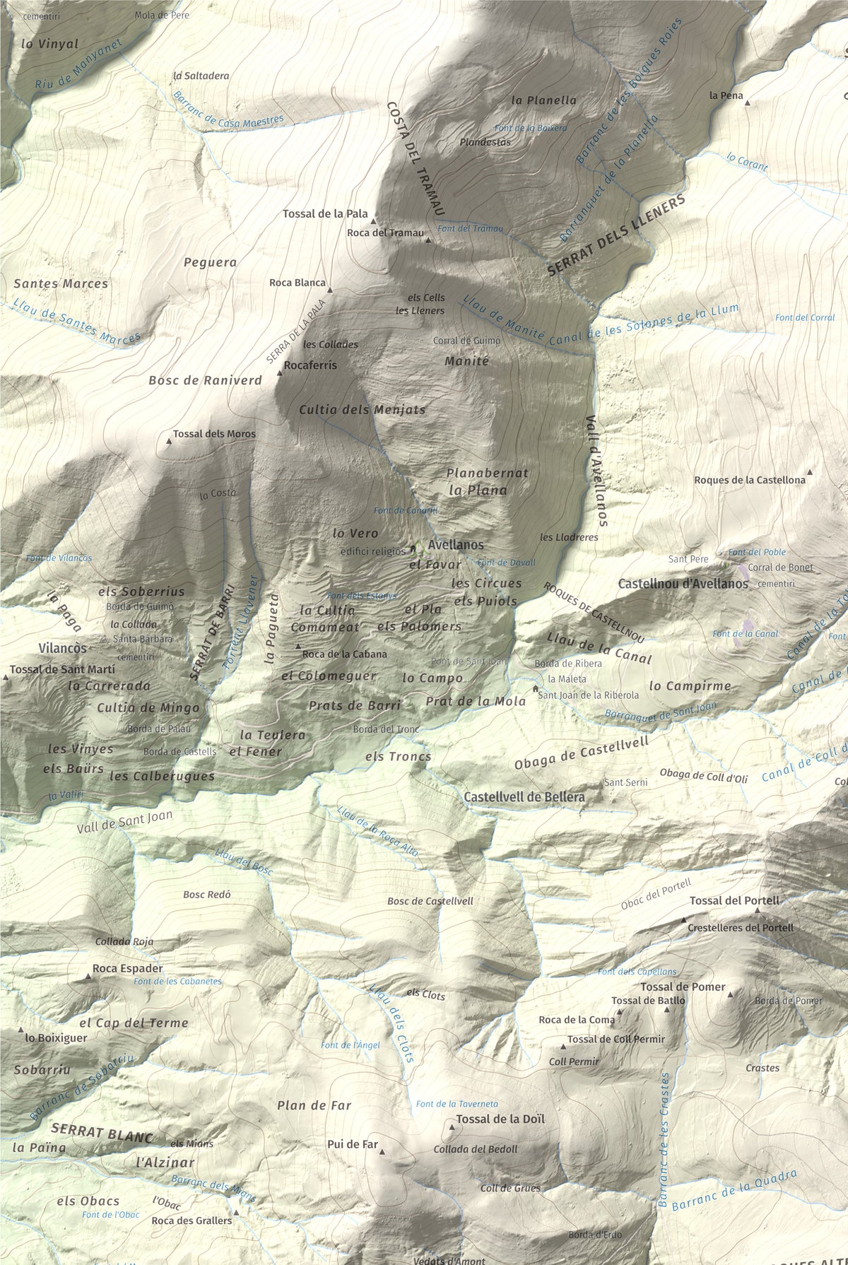 Mapa de relieve de Santa Bàrbara (Vall Fosca), 1613 m, Pallars Jussà, lámina 100 Cims de Trobart. Detalle de la zona superior izquierda. 61 × 91 cm.