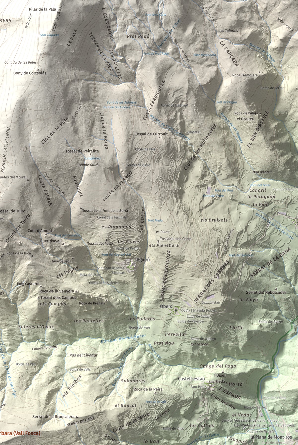 Mapa de relieve de Santa Bàrbara (Vall Fosca), 1613 m, Pallars Jussà, lámina 100 Cims de Trobart. Detalle de la zona superior derecha. 61 × 91 cm.