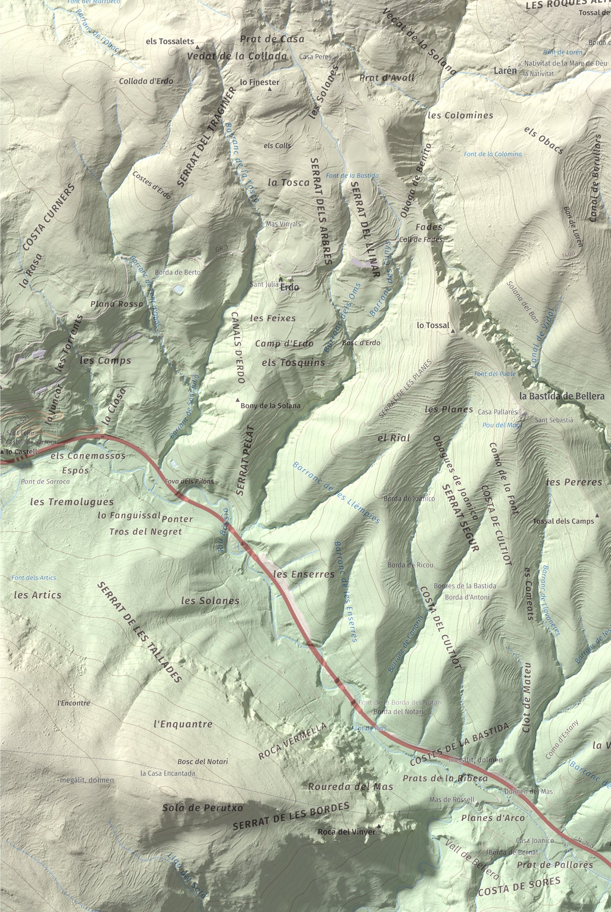 Mapa de relieve de Santa Bàrbara (Vall Fosca), 1613 m, Pallars Jussà, lámina 100 Cims de Trobart. Detalle de la zona inferior izquierda. 61 × 91 cm.