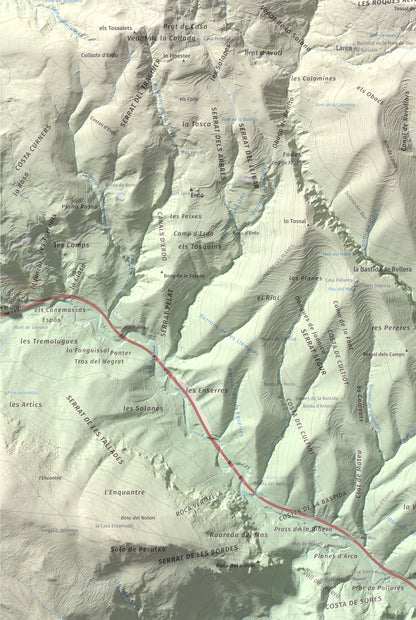 Mapa de relieve de Santa Bàrbara (Vall Fosca), 1613 m, Pallars Jussà, lámina 100 Cims de Trobart. Detalle de la zona inferior izquierda. 61 × 91 cm.