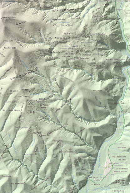 Mapa de relieve de Santa Bàrbara (Vall Fosca), 1613 m, Pallars Jussà, lámina 100 Cims de Trobart. Detalle de la zona inferior derecha. 61 × 91 cm.