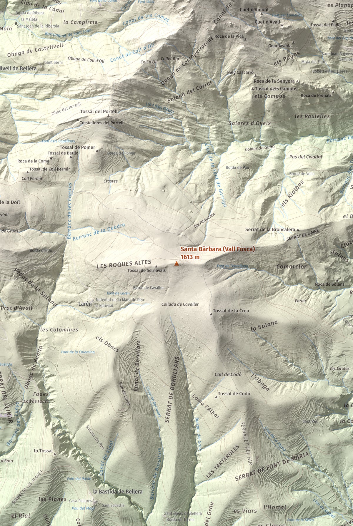 Mapa de relieve de Santa Bàrbara (Vall Fosca), 1613 m, Pallars Jussà, lámina 100 Cims de Trobart. Detalle de la zona central. 61 × 91 cm.