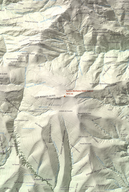Mapa de relieve de Santa Bàrbara (Vall Fosca), 1613 m, Pallars Jussà, lámina 100 Cims de Trobart. Detalle de la zona central. 61 × 91 cm.