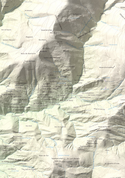 Mapa de relieve de Santa Bàrbara (Vall Fosca), 1613 m, Pallars Jussà, lámina 100 Cims de Trobart. Detalle de la zona superior izquierda. 70 × 100 cm.