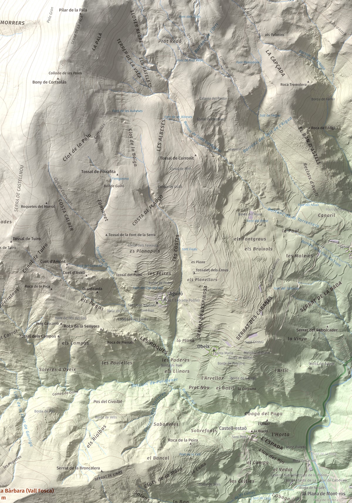 Mapa de relieve de Santa Bàrbara (Vall Fosca), 1613 m, Pallars Jussà, lámina 100 Cims de Trobart. Detalle de la zona superior derecha. 70 × 100 cm.