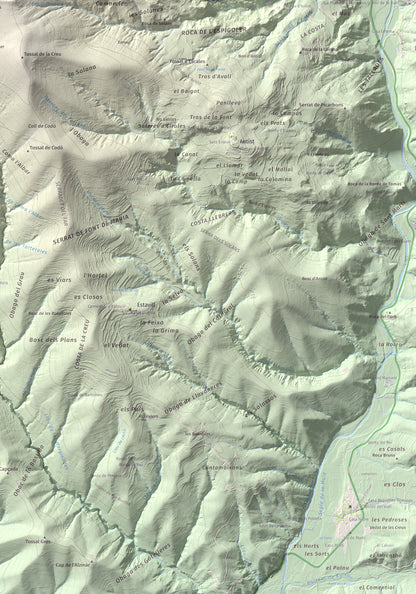 Mapa de relieve de Santa Bàrbara (Vall Fosca), 1613 m, Pallars Jussà, lámina 100 Cims de Trobart. Detalle de la zona inferior derecha. 70 × 100 cm.