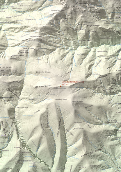 Mapa de relieve de Santa Bàrbara (Vall Fosca), 1613 m, Pallars Jussà, lámina 100 Cims de Trobart. Detalle de la zona central. 70 × 100 cm.