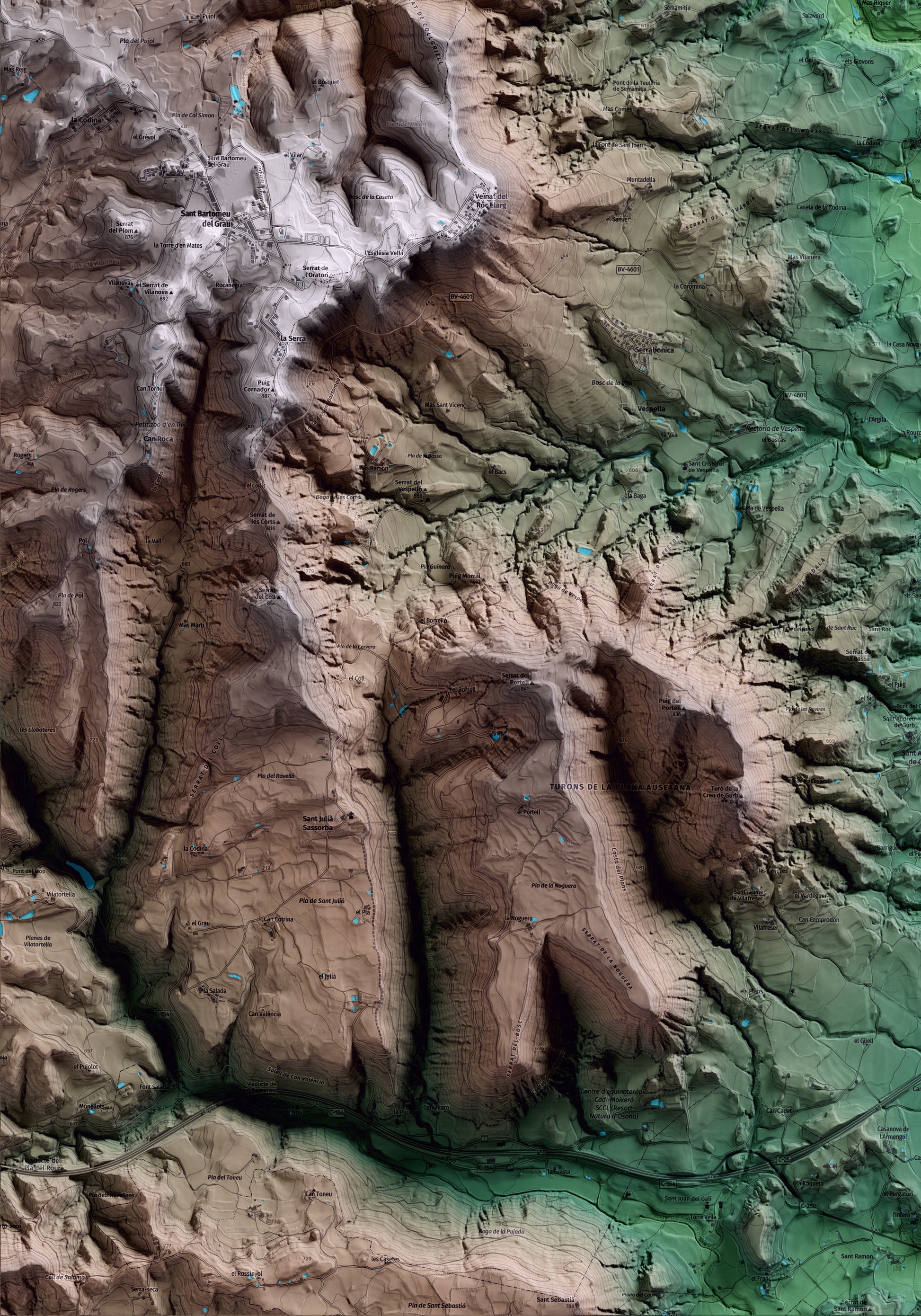Mapa artístico del relieve de Santa Cecília de Voltregà, a Osona, con 15 km de entorno y base topográfica ICGC. Detalle de la zona inferior izquierda.