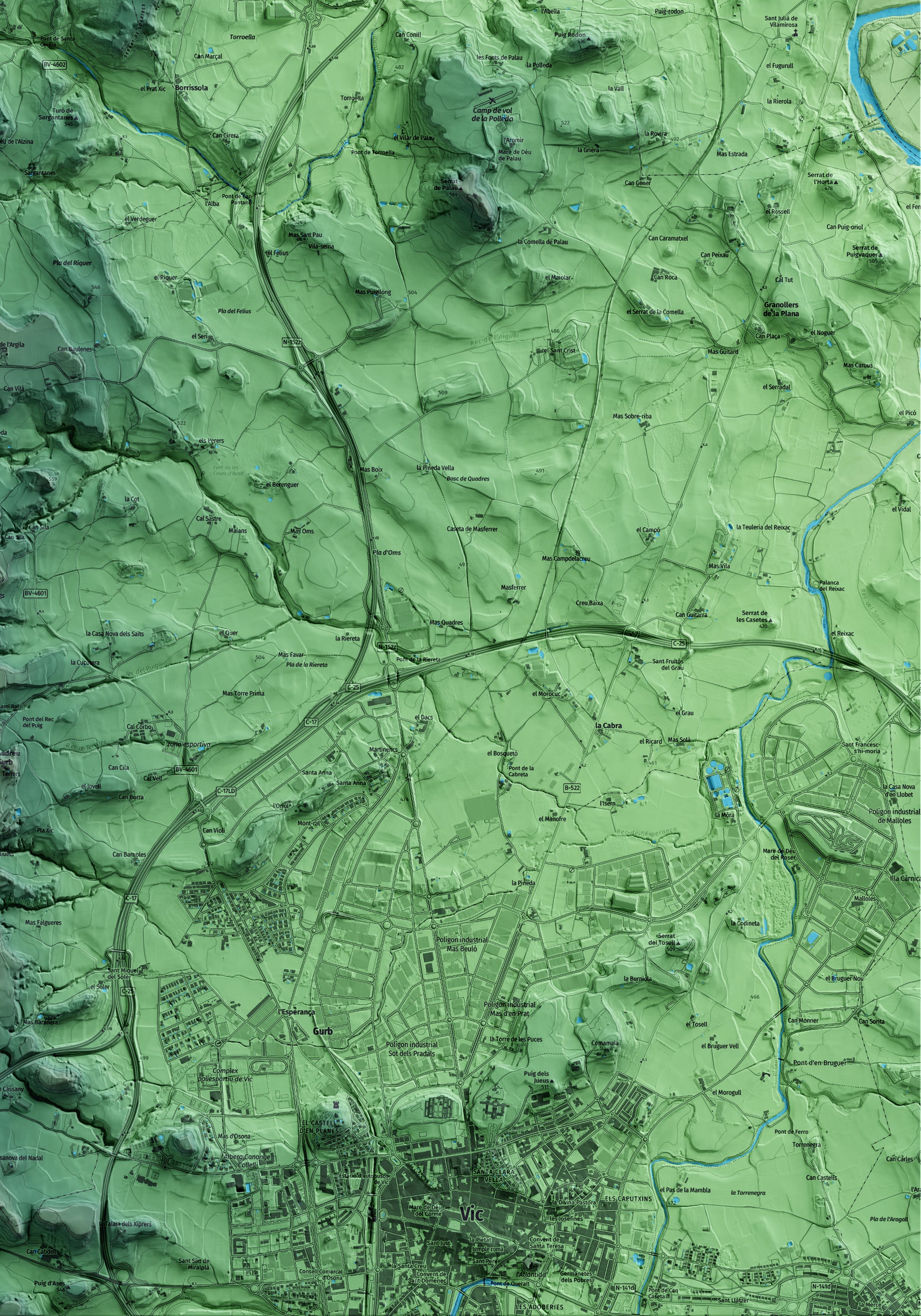 Mapa artístico del relieve de Santa Cecília de Voltregà, a Osona, con 15 km de entorno y base topográfica ICGC. Detalle de la zona inferior derecha.