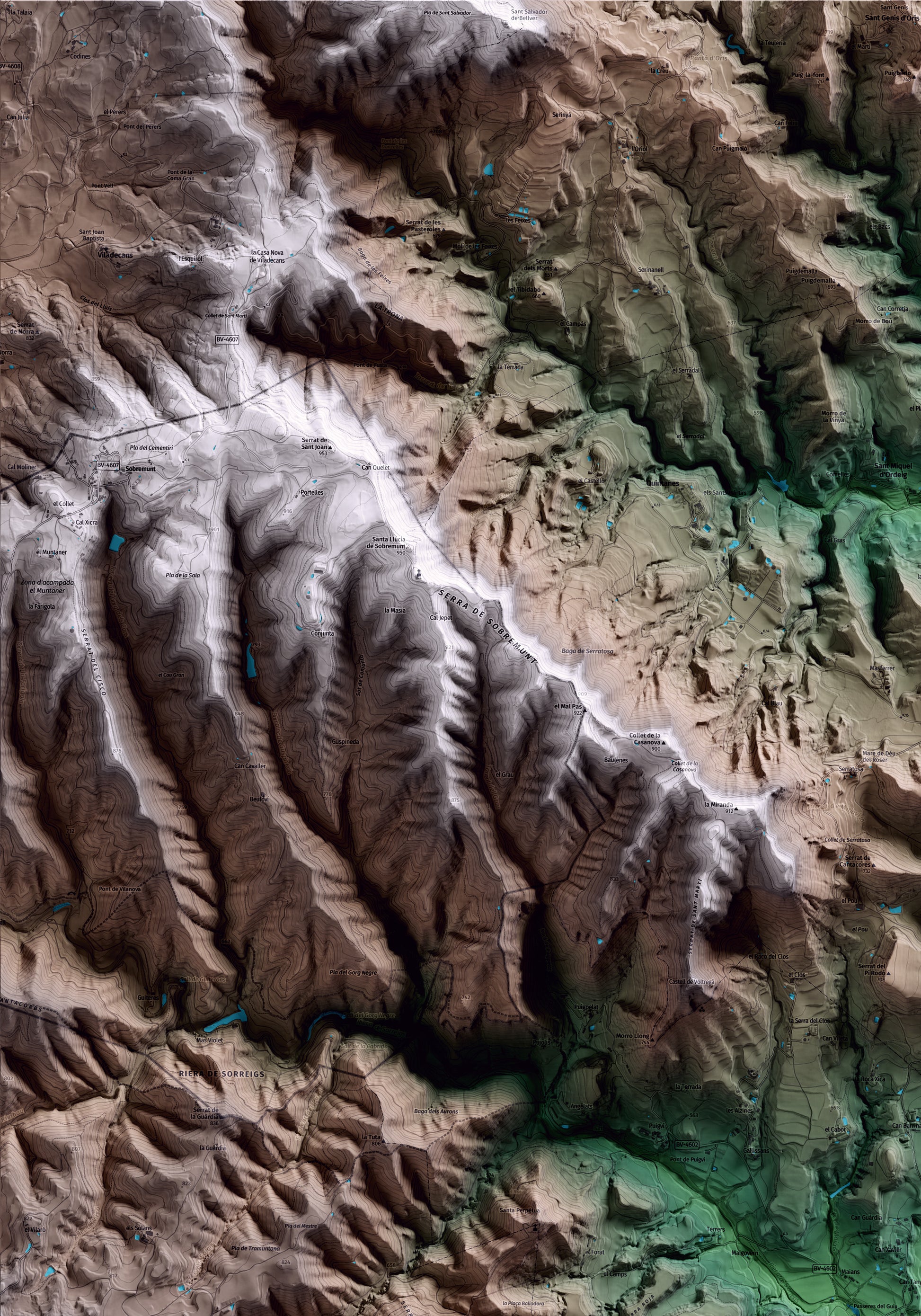 Mapa artístico del relieve de Santa Cecília de Voltregà, a Osona, con 15 km de entorno y base topográfica ICGC. Detalle de la zona superior izquierda.