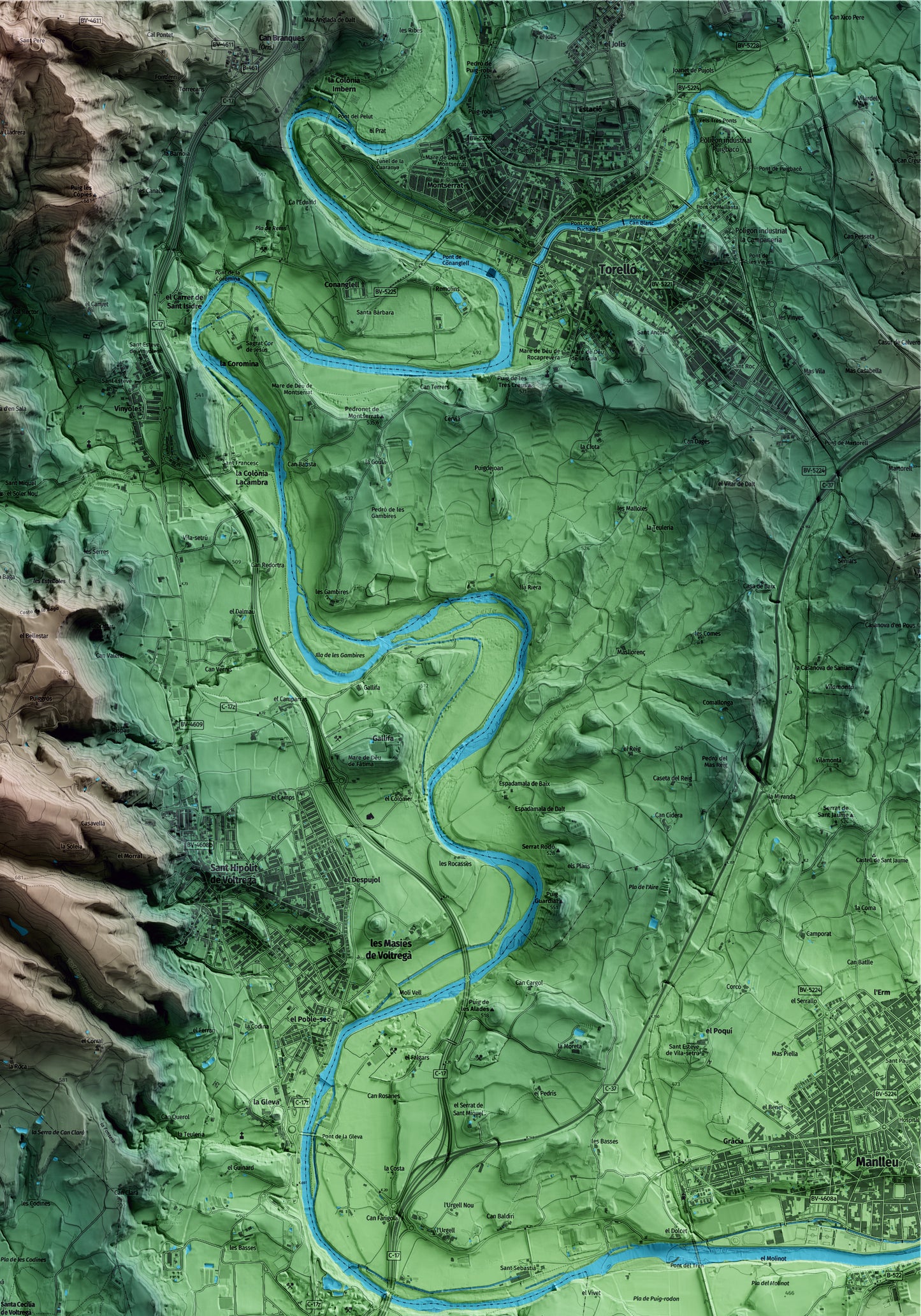 Mapa artístico del relieve de Santa Cecília de Voltregà, a Osona, con 15 km de entorno y base topográfica ICGC. Detalle de la zona superior derecha.