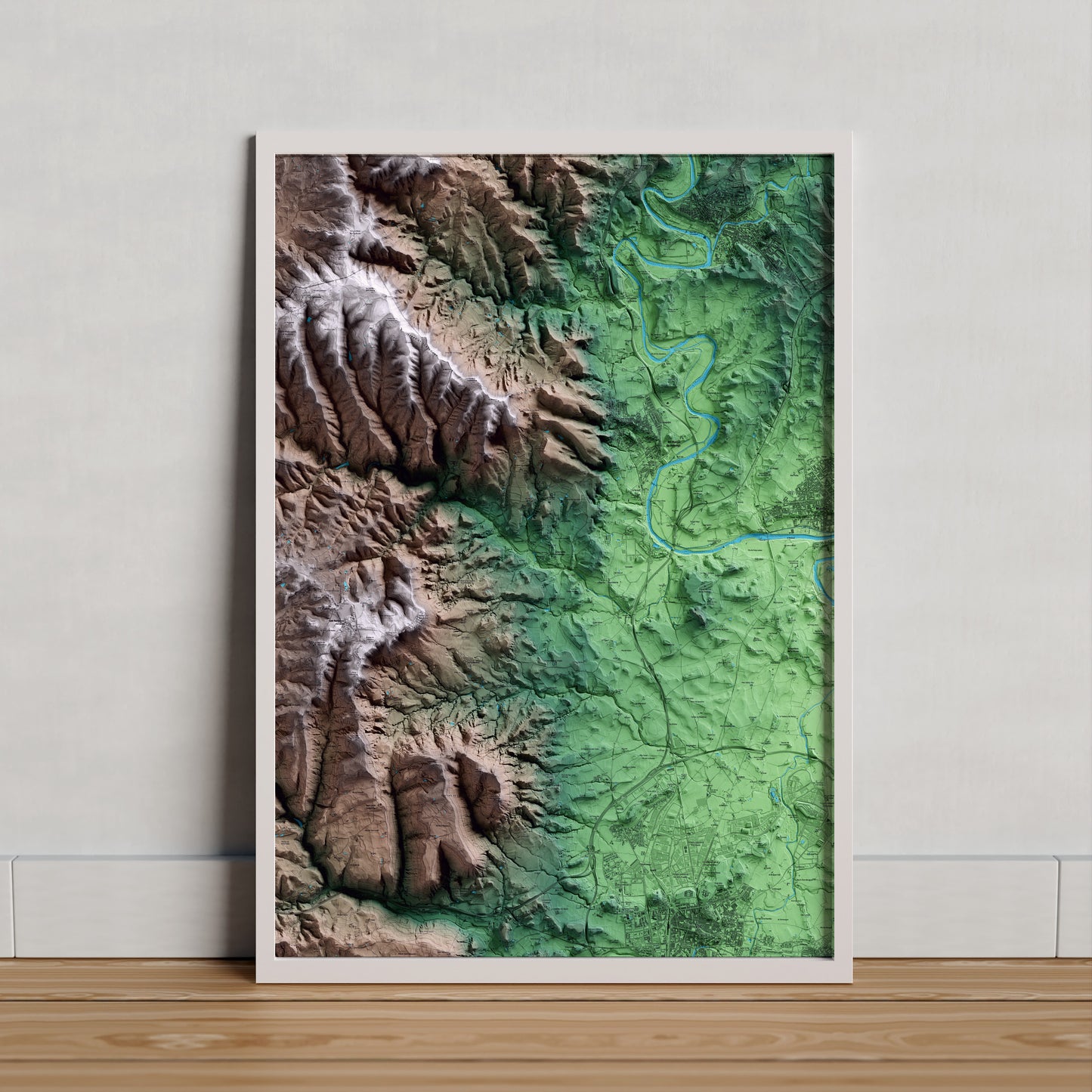 Mapa artístico del relieve de Santa Cecília de Voltregà, a Osona, con 15 km de entorno y base topográfica ICGC. Presentación enmarcada.