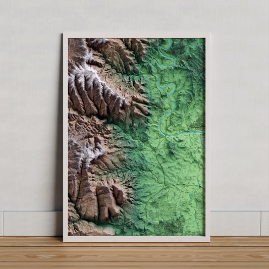 Mapa artístico del relieve de Santa Cecília de Voltregà, a Osona, con 15 km de entorno y base topográfica ICGC. Presentación enmarcada.