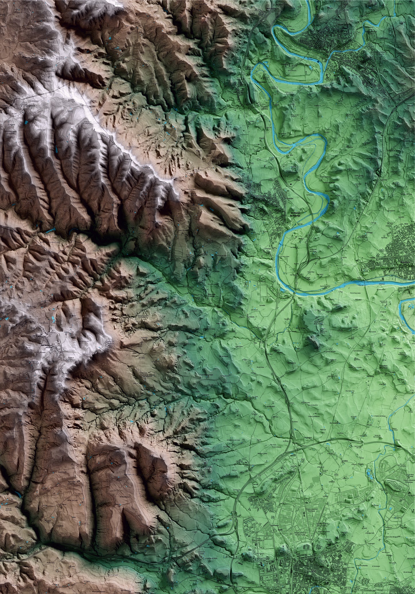 Mapa artístico del relieve de Santa Cecília de Voltregà, a Osona, con 15 km de entorno y base topográfica ICGC
