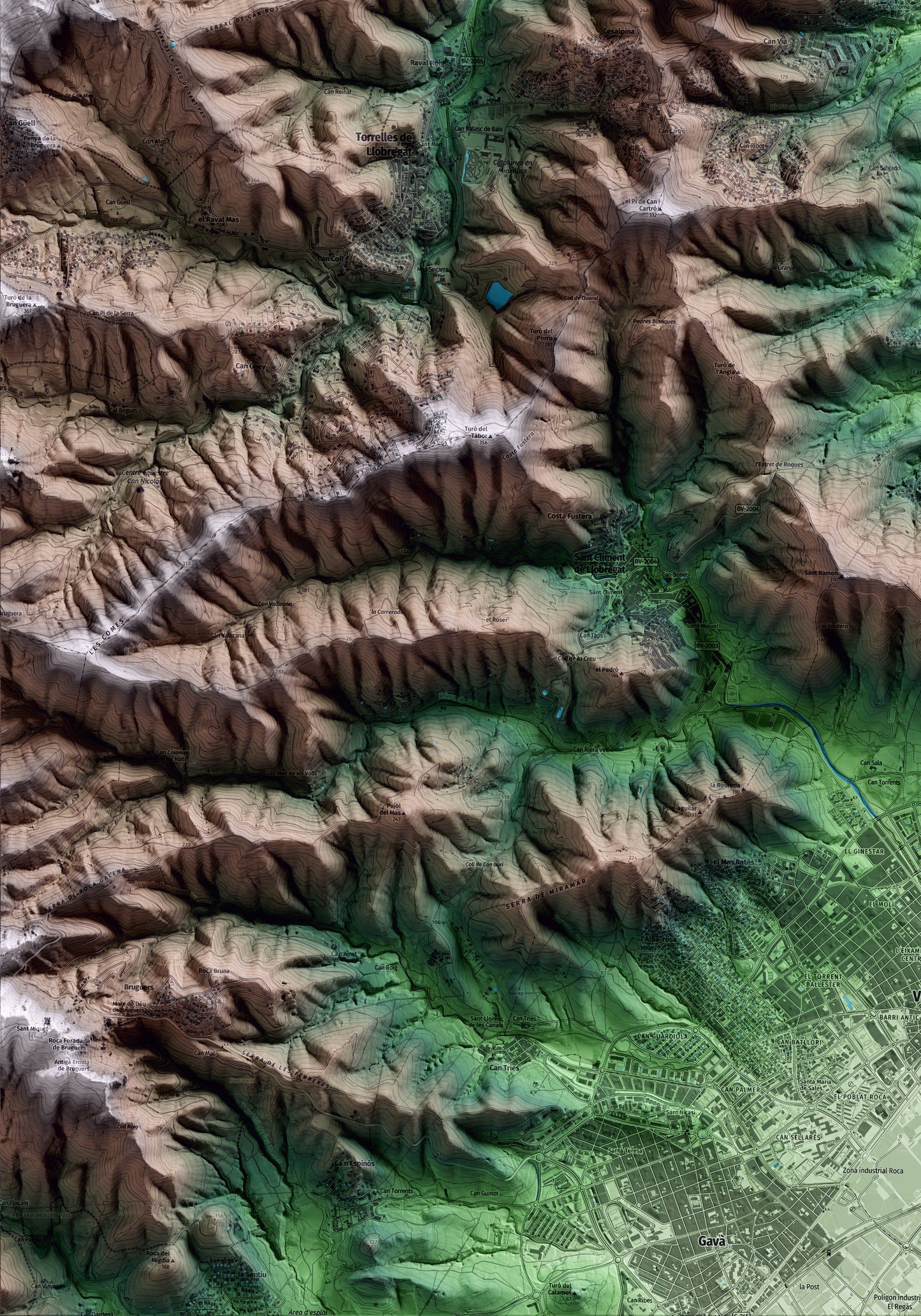 Mapa artístico del relieve de Santa Coloma de Cervelló, al Baix Llobregat, con 15 km de entorno y base topográfica ICGC. Detalle de la zona inferior izquierda.