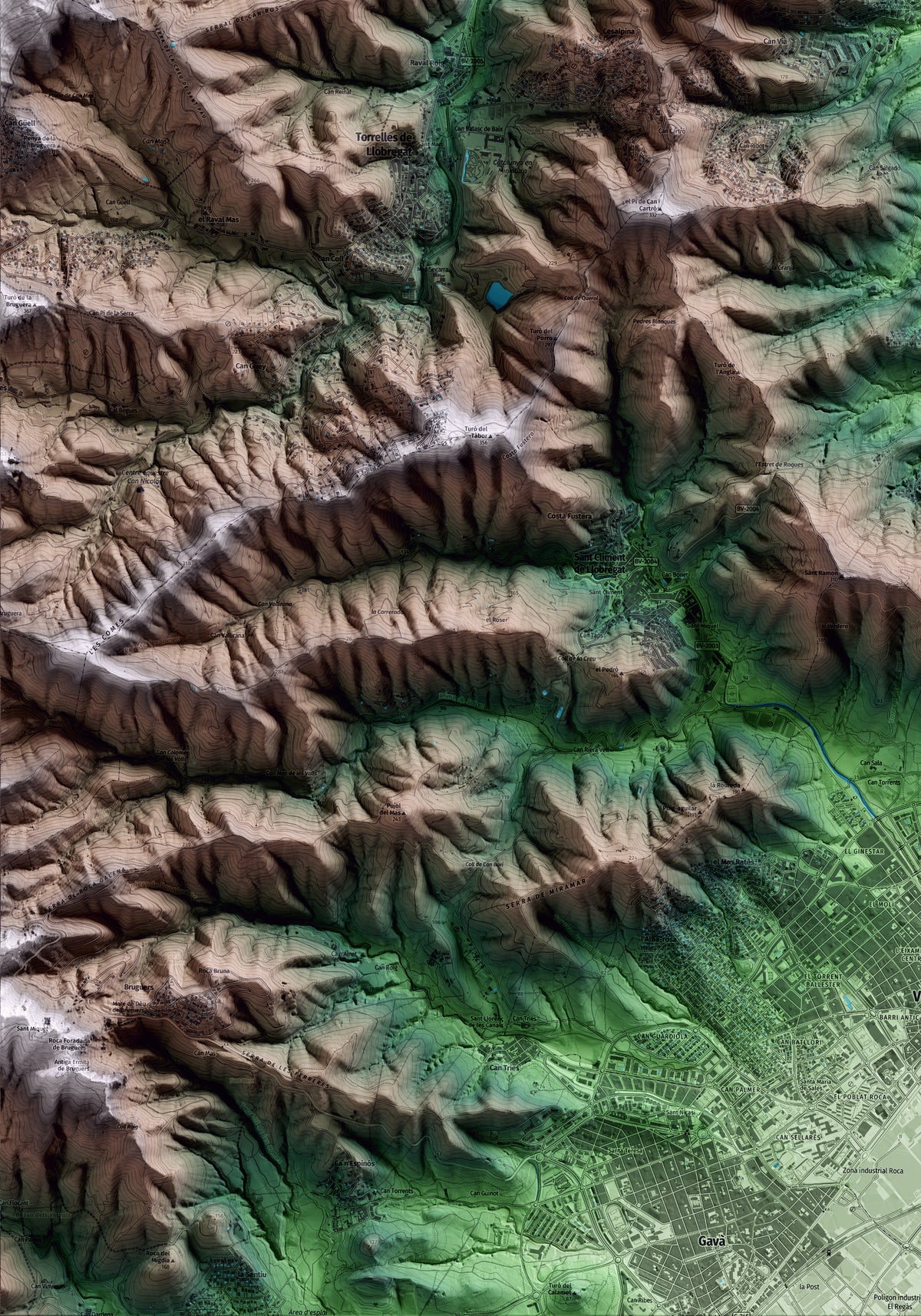 Mapa artístico del relieve de Santa Coloma de Cervelló, al Baix Llobregat, con 15 km de entorno y base topográfica ICGC. Detalle de la zona inferior izquierda.