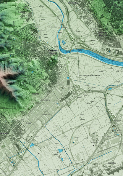 Mapa artístico del relieve de Santa Coloma de Cervelló, al Baix Llobregat, con 15 km de entorno y base topográfica ICGC. Detalle de la zona inferior derecha.