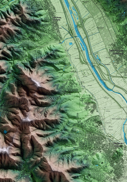 Mapa artístico del relieve de Santa Coloma de Cervelló, al Baix Llobregat, con 15 km de entorno y base topográfica ICGC. Detalle de la zona central.