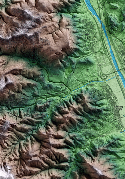 Mapa artístico del relieve de Santa Coloma de Cervelló, al Baix Llobregat, con 15 km de entorno y base topográfica ICGC. Detalle de la zona superior izquierda.