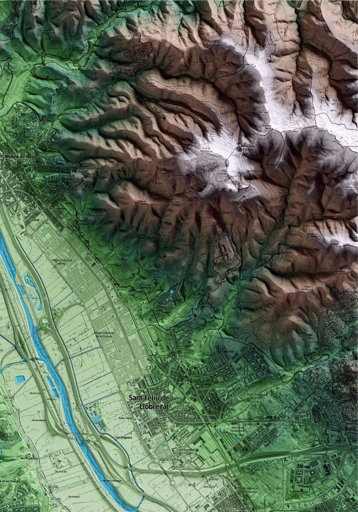 Mapa artístico del relieve de Santa Coloma de Cervelló, al Baix Llobregat, con 15 km de entorno y base topográfica ICGC. Detalle de la zona superior derecha.
