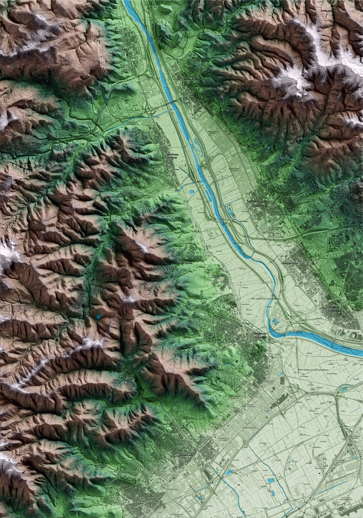 Mapa artístico del relieve de Santa Coloma de Cervelló, al Baix Llobregat, con 15 km de entorno y base topográfica ICGC