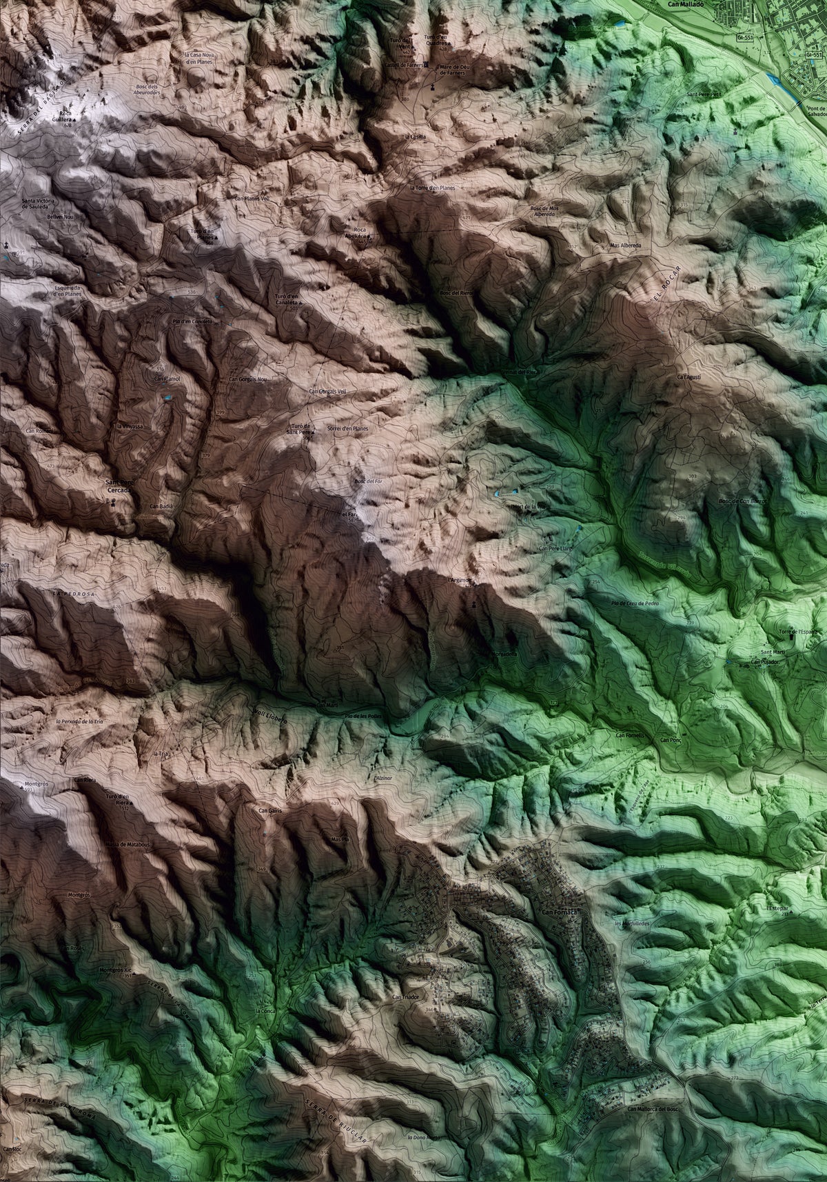 Mapa artístico del relieve de Santa Coloma de Farners, a la Selva, con 15 km de entorno y base topográfica ICGC. Detalle de la zona inferior izquierda.