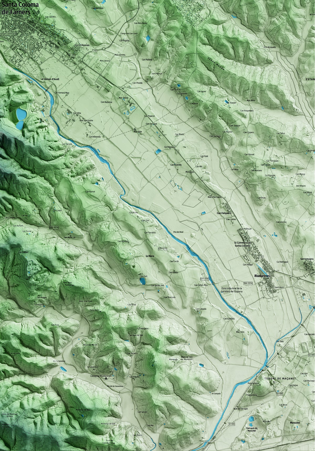 Mapa artístico del relieve de Santa Coloma de Farners, a la Selva, con 15 km de entorno y base topográfica ICGC. Detalle de la zona inferior derecha.
