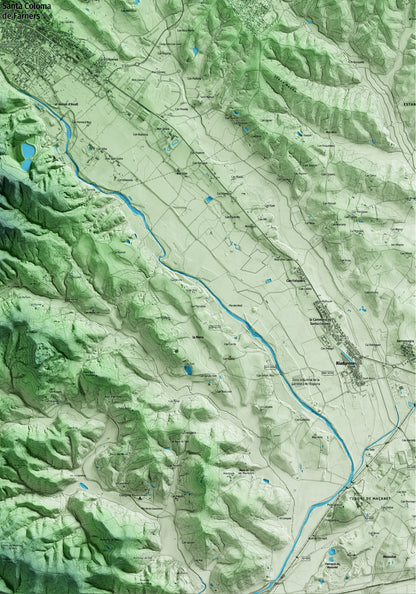 Mapa artístico del relieve de Santa Coloma de Farners, a la Selva, con 15 km de entorno y base topográfica ICGC. Detalle de la zona inferior derecha.