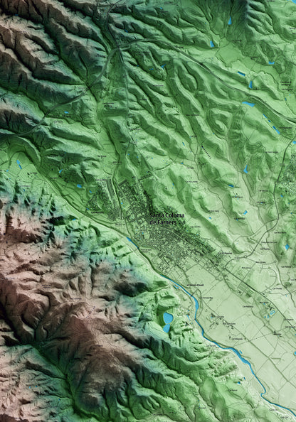 Mapa artístico del relieve de Santa Coloma de Farners, a la Selva, con 15 km de entorno y base topográfica ICGC. Detalle de la zona central.