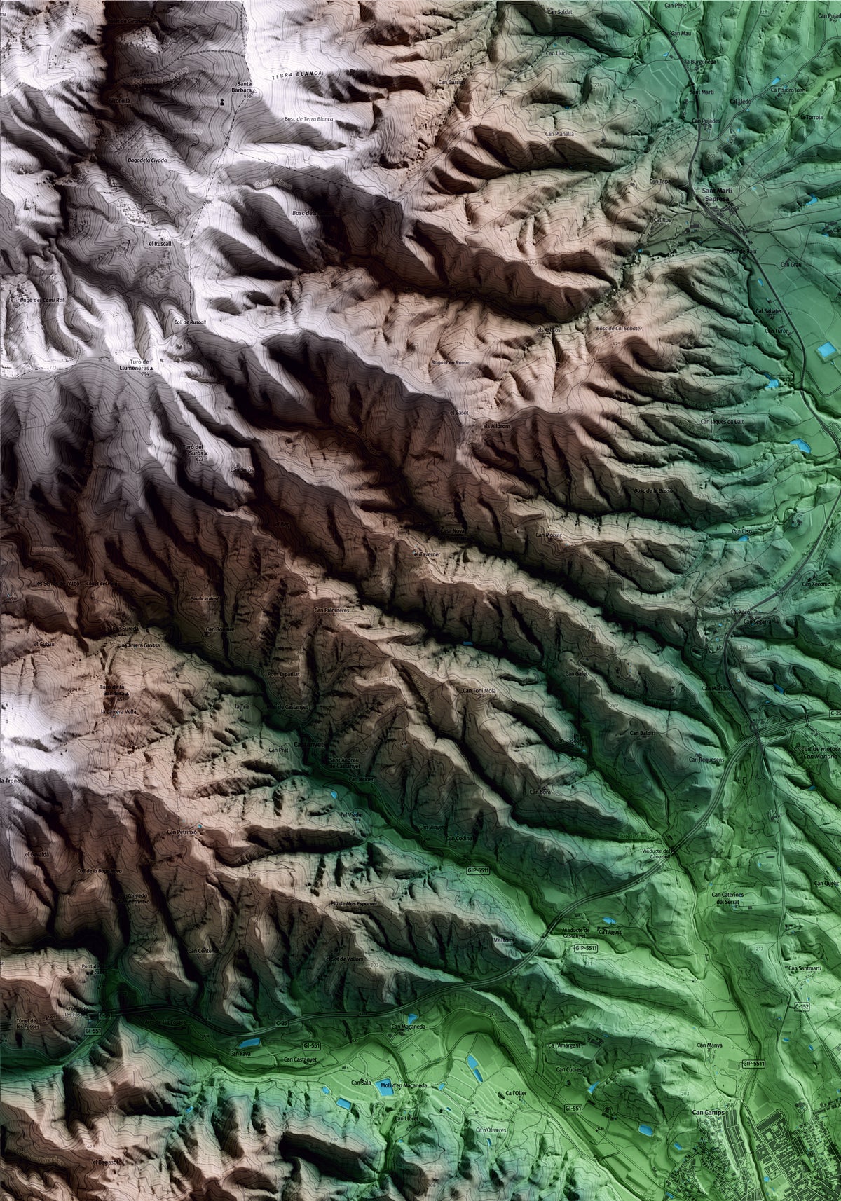 Mapa artístico del relieve de Santa Coloma de Farners, a la Selva, con 15 km de entorno y base topográfica ICGC. Detalle de la zona superior izquierda.