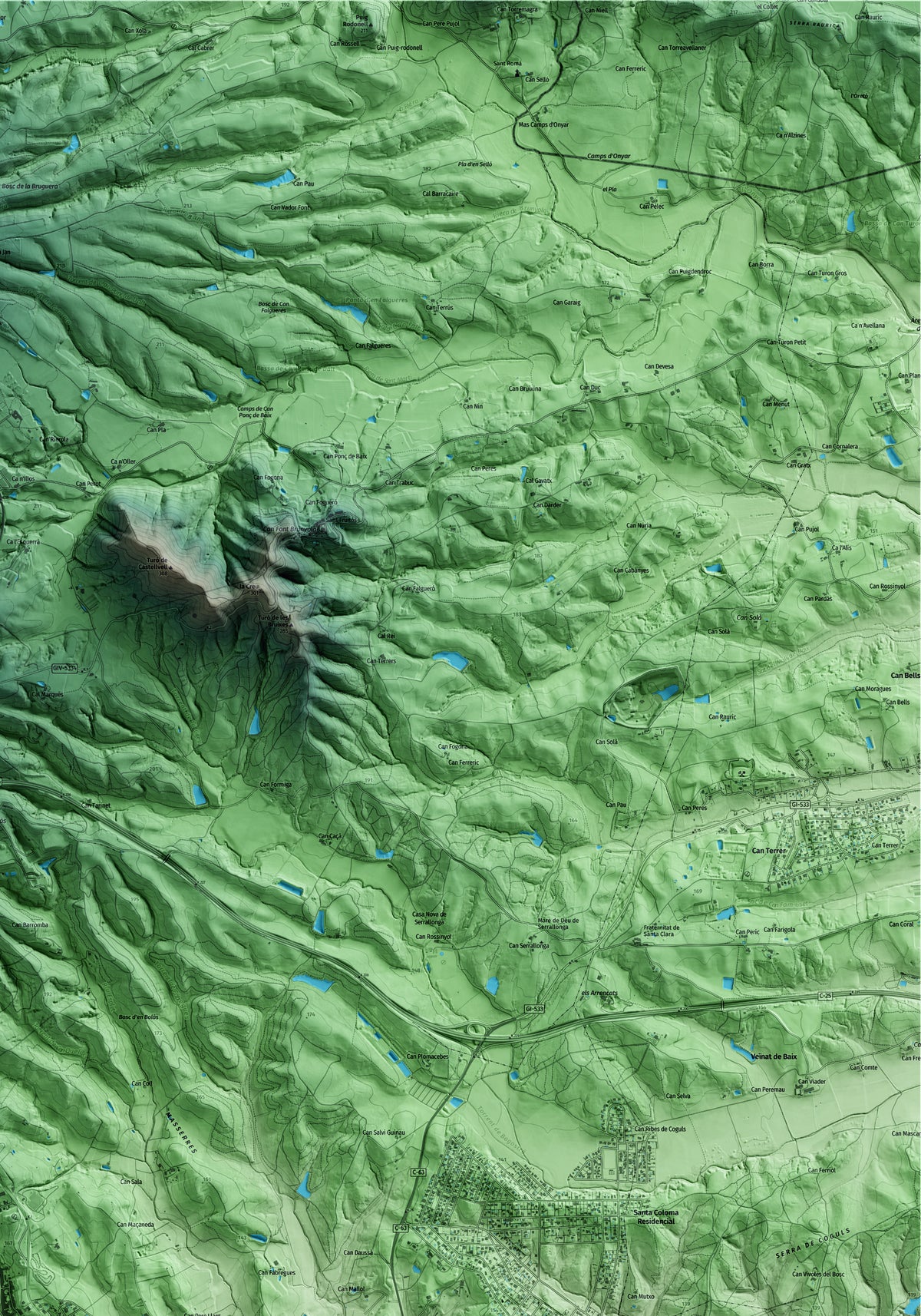 Mapa artístico del relieve de Santa Coloma de Farners, a la Selva, con 15 km de entorno y base topográfica ICGC. Detalle de la zona superior derecha.