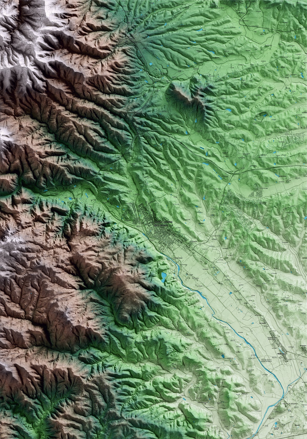 Mapa artístico del relieve de Santa Coloma de Farners, a la Selva, con 15 km de entorno y base topográfica ICGC