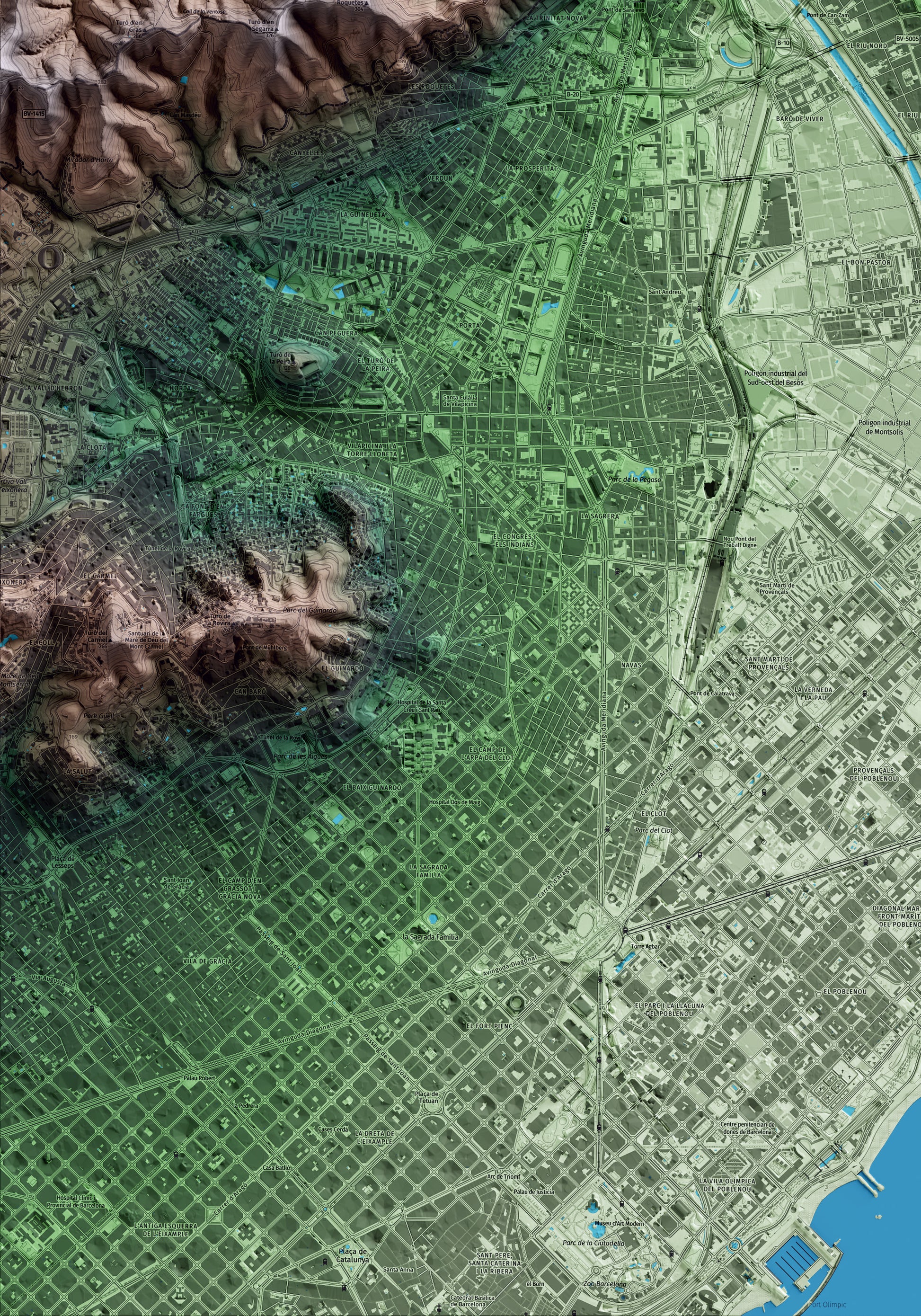 Mapa artístico del relieve de Santa Coloma de Gramenet, al Barcelonès, con 15 km de entorno y base topográfica ICGC. Detalle de la zona inferior izquierda.