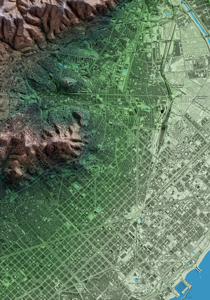 Mapa artístico del relieve de Santa Coloma de Gramenet, al Barcelonès, con 15 km de entorno y base topográfica ICGC. Detalle de la zona inferior izquierda.