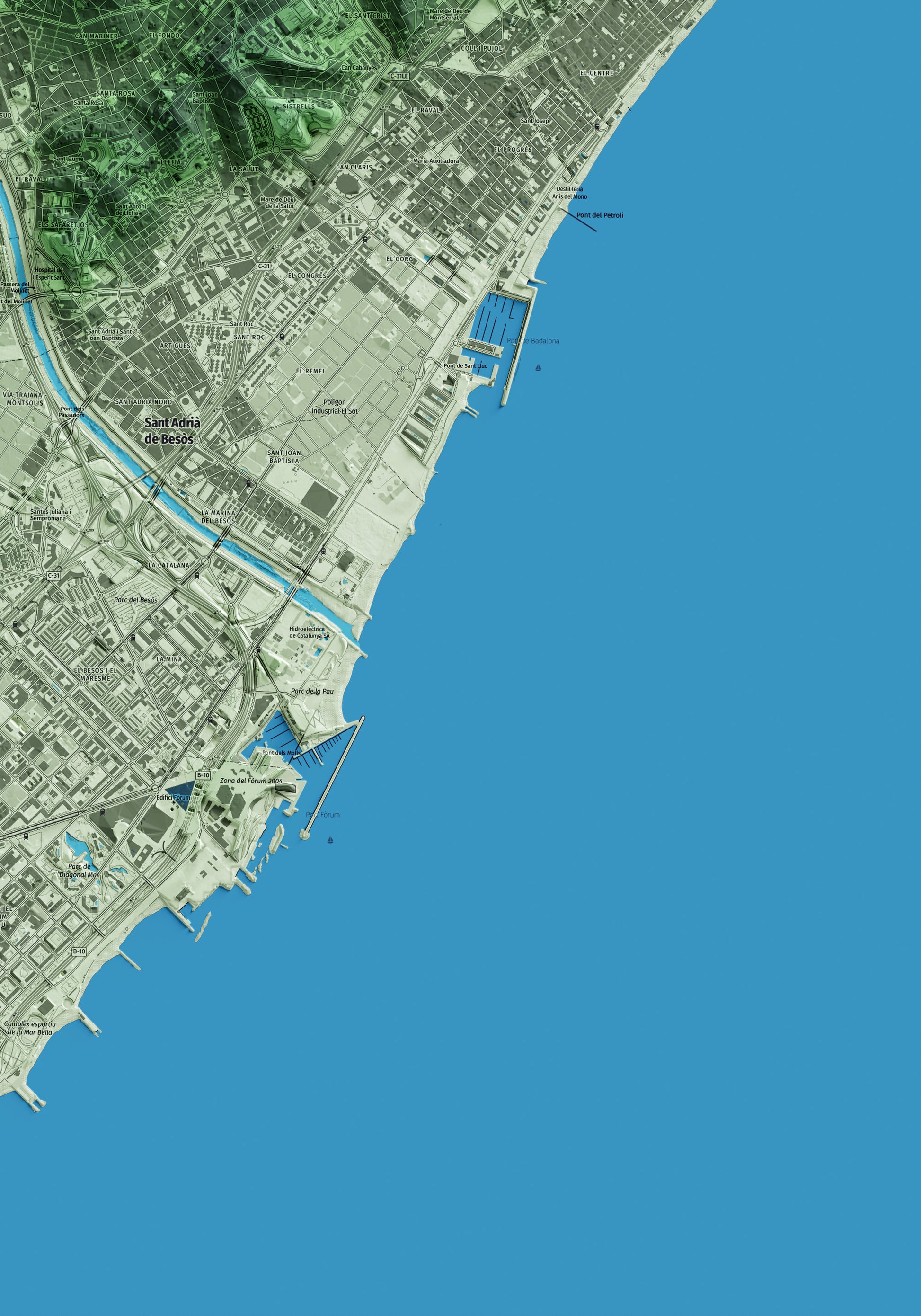 Mapa artístico del relieve de Santa Coloma de Gramenet, al Barcelonès, con 15 km de entorno y base topográfica ICGC. Detalle de la zona inferior derecha.