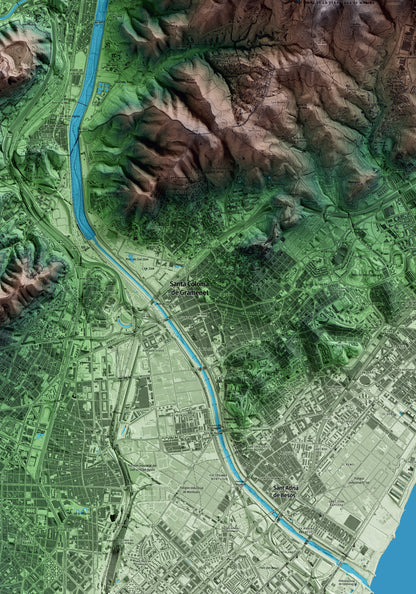 Mapa artístico del relieve de Santa Coloma de Gramenet, al Barcelonès, con 15 km de entorno y base topográfica ICGC. Detalle de la zona central.