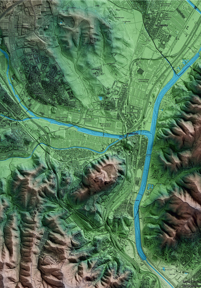 Mapa artístico del relieve de Santa Coloma de Gramenet, al Barcelonès, con 15 km de entorno y base topográfica ICGC. Detalle de la zona superior izquierda.