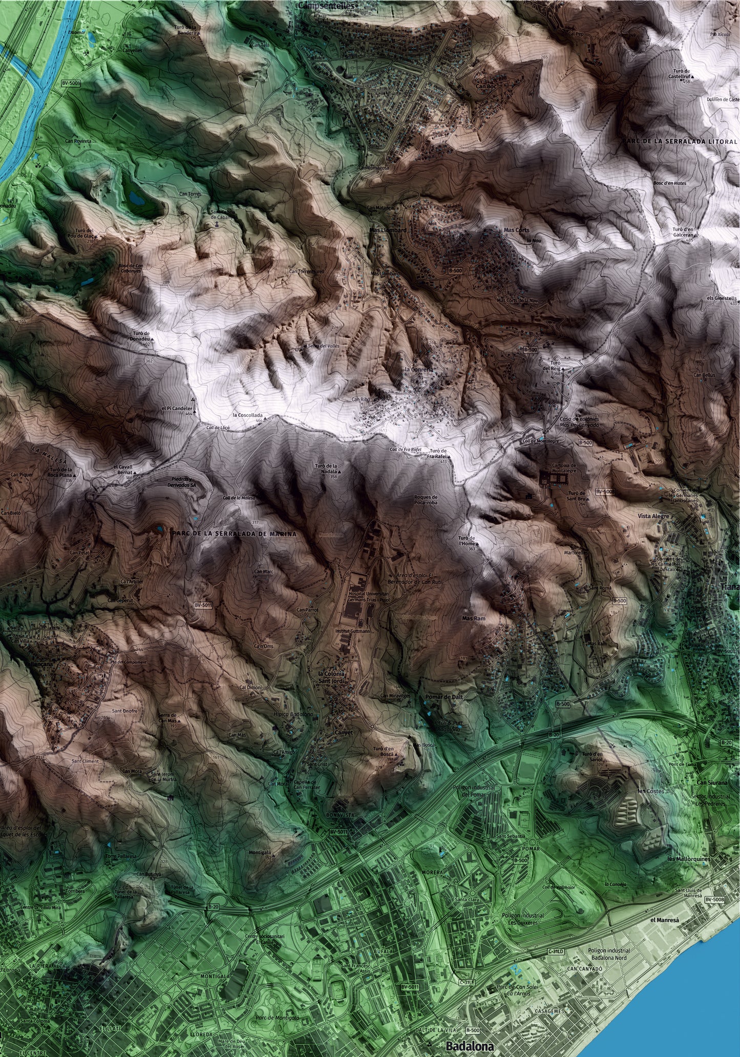 Mapa artístico del relieve de Santa Coloma de Gramenet, al Barcelonès, con 15 km de entorno y base topográfica ICGC. Detalle de la zona superior derecha.