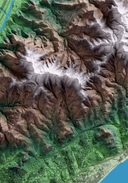 Mapa artístico del relieve de Santa Coloma de Gramenet, al Barcelonès, con 15 km de entorno y base topográfica ICGC. Detalle de la zona superior derecha.