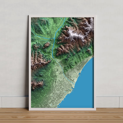 Mapa artístico del relieve de Santa Coloma de Gramenet, al Barcelonès, con 15 km de entorno y base topográfica ICGC. Presentación enmarcada.