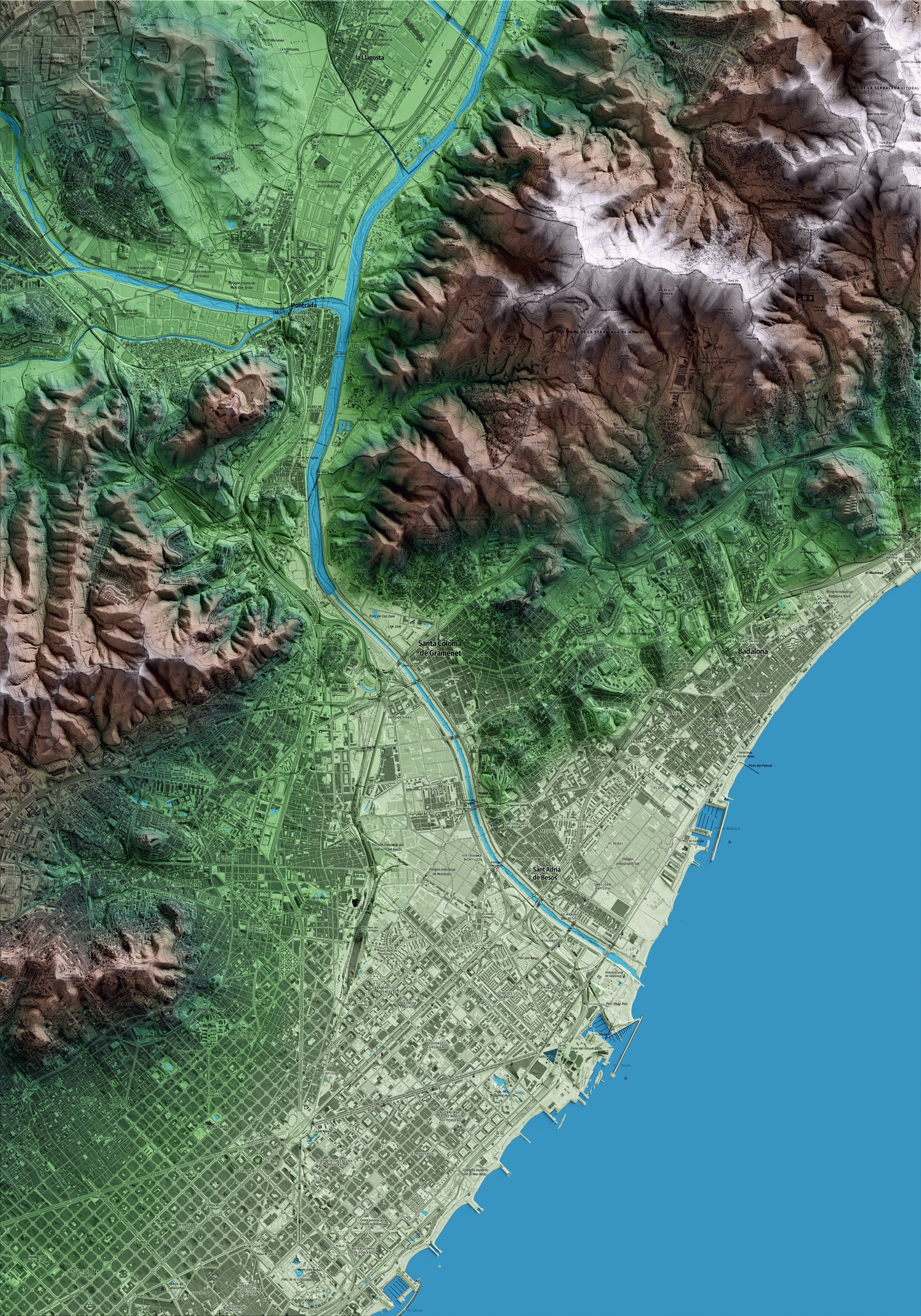 Mapa artístico del relieve de Santa Coloma de Gramenet, al Barcelonès, con 15 km de entorno y base topográfica ICGC