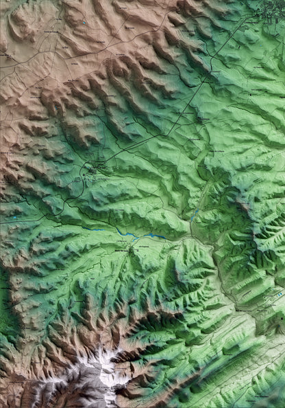 Mapa artístico del relieve de Santa Coloma de Queralt, a la Conca de Barberà, con 15 km de entorno y base topográfica ICGC. Detalle de la zona inferior izquierda.