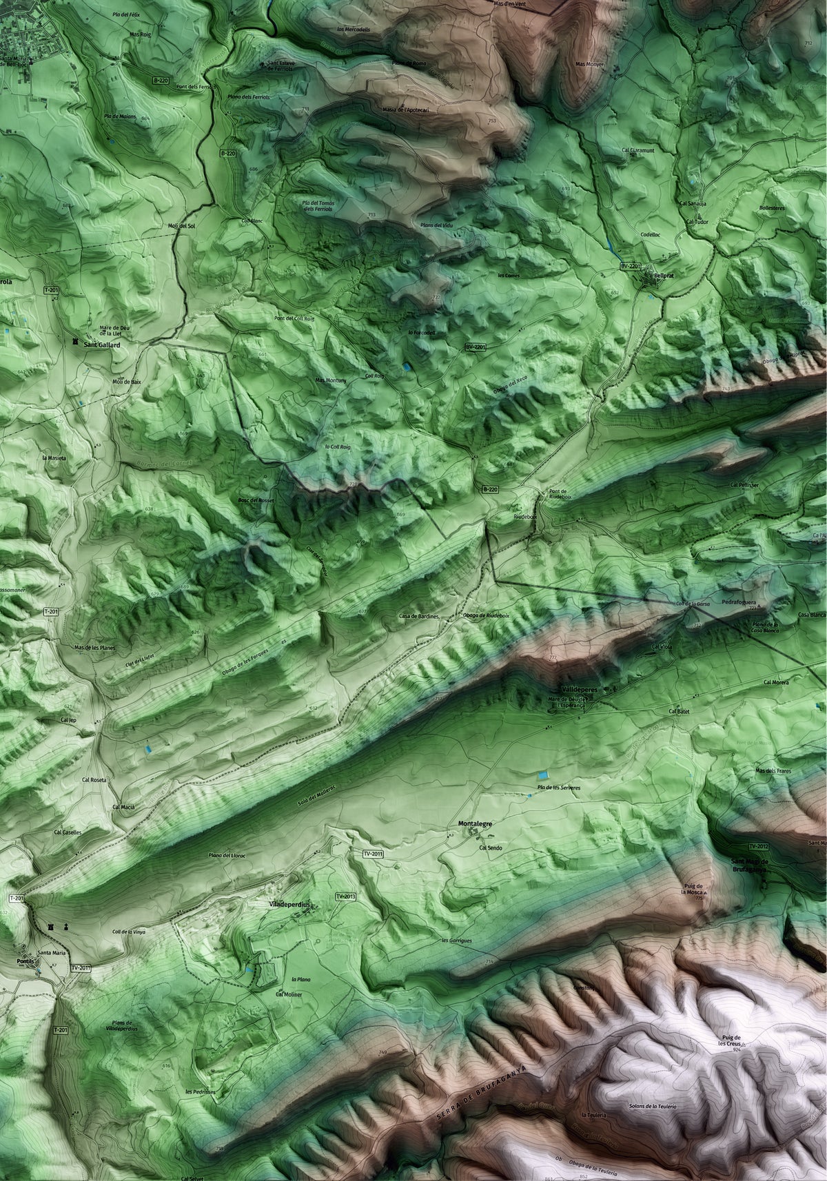 Mapa artístico del relieve de Santa Coloma de Queralt, a la Conca de Barberà, con 15 km de entorno y base topográfica ICGC. Detalle de la zona inferior derecha.