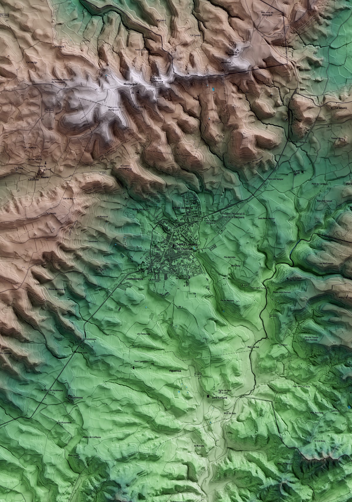 Mapa artístico del relieve de Santa Coloma de Queralt, a la Conca de Barberà, con 15 km de entorno y base topográfica ICGC. Detalle de la zona central.