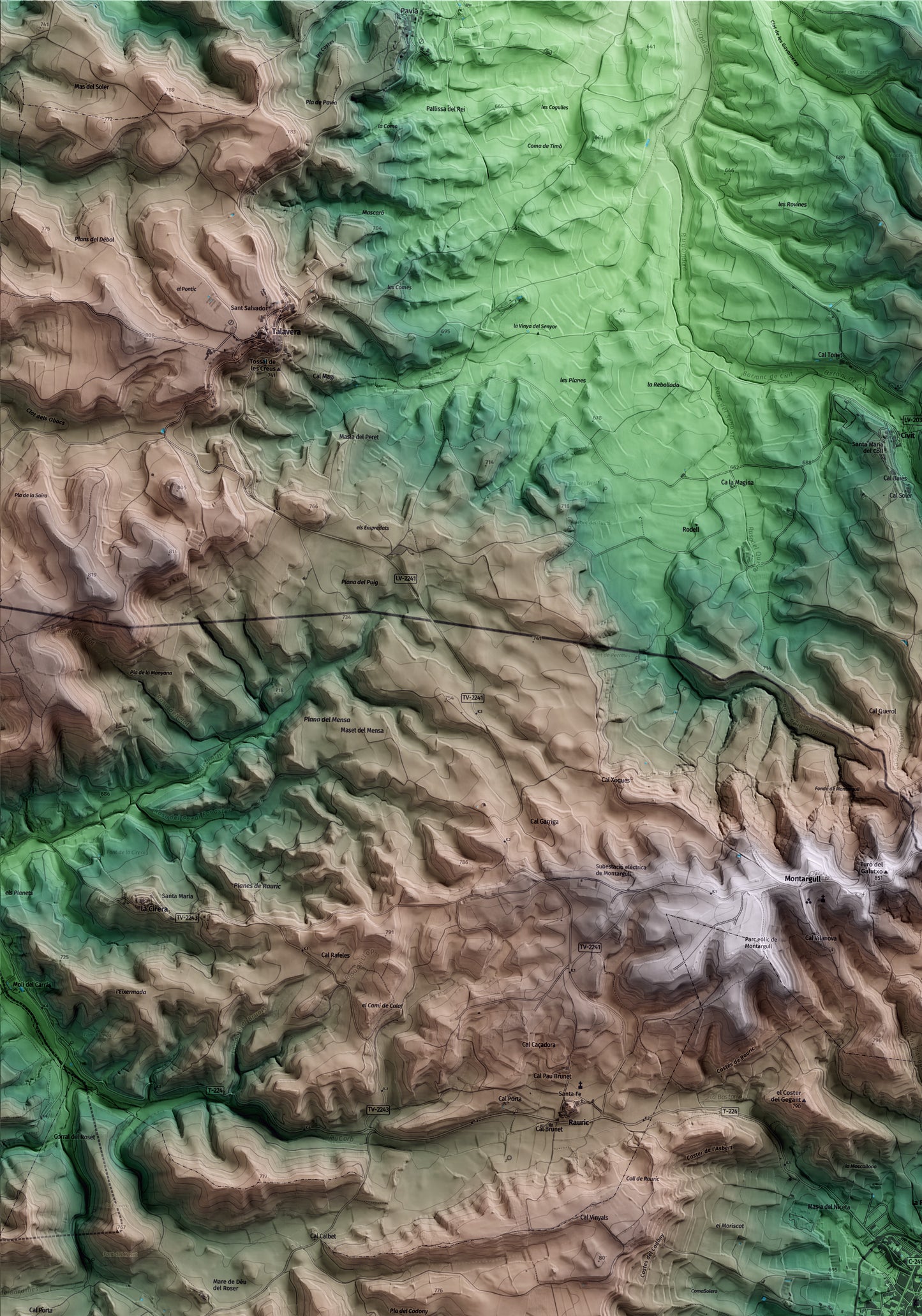 Mapa artístico del relieve de Santa Coloma de Queralt, a la Conca de Barberà, con 15 km de entorno y base topográfica ICGC. Detalle de la zona superior izquierda.