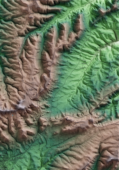 Mapa artístico del relieve de Santa Coloma de Queralt, a la Conca de Barberà, con 15 km de entorno y base topográfica ICGC. Detalle de la zona superior derecha.