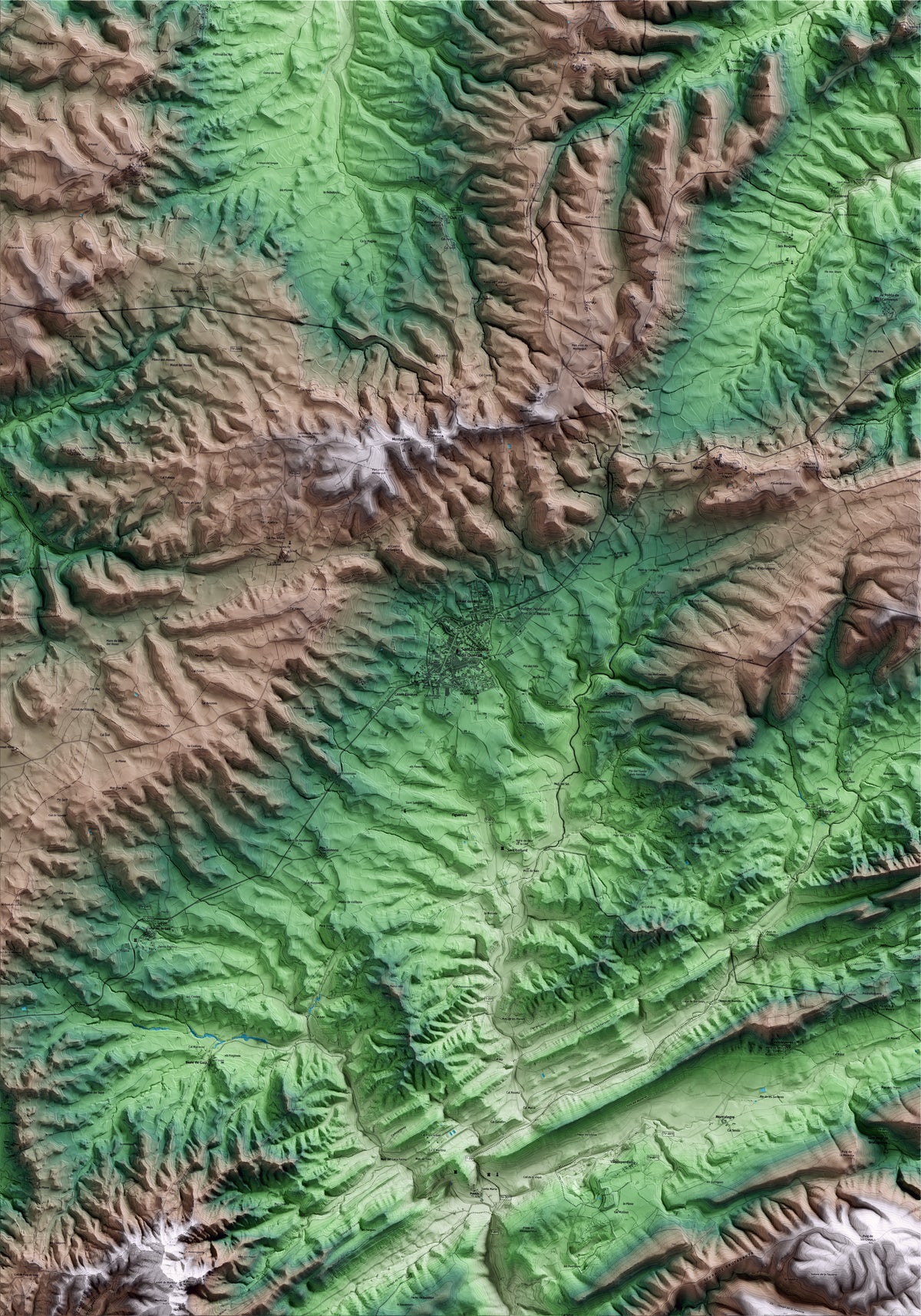 Mapa artístico del relieve de Santa Coloma de Queralt, a la Conca de Barberà, con 15 km de entorno y base topográfica ICGC
