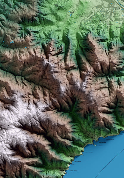 Mapa artístico del relieve de Santa Cristina d'Aro, al Baix Empordà, con 15 km de entorno y base topográfica ICGC. Detalle de la zona inferior izquierda.
